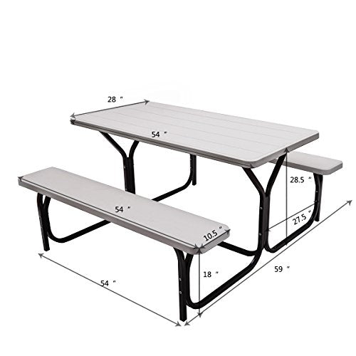 Giantex Picnic Table Bench Set Outdoor Camping All Weather Metal Base Wood-Like Texture Backyard Poolside Dining Party Garden Patio Lawn Deck Large Camping Picnic Tables for Adult (White) - color: White, size: 4.5FT