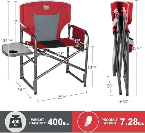 TIMBER RIDGE Lightweight Oversized Camping Chair, Aluminum Directors Chair with Side Table for Outdoor Camping, Lawn, Picnic and Fishing, Supports 400lbs, Red 2PCS - color: Red