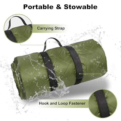 Waterproof Outdoor Blanket 82”X 55” Packable, Stadium Blankets for Camping with Quilted Fleece Lining, Large Windproof Emergency Throw Mat for Garss Picnic Hiking Road Trip, Machine Washable, Green - color: Fleece Green-300 Gsm, size: 82"x 55"