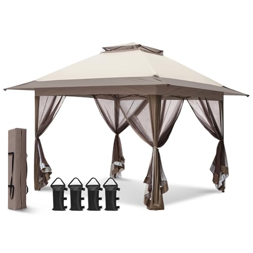 EAGLE PEAK 13x13 Pop Up Gazebo with Mesh Netting, Easy Up Screened Canopy for Patio and Backyard, Easy Set up Outdoor Gazebo (Beige/Brown) - color: Beige, size: 13x13 with netting