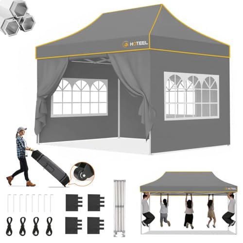 Hoteel 10x15 Pop Up Canopy Tent Heavy Duty with 4 Sidewalls, Waterproof Party Tent, Easy Set-up Commercial Instant Tents with Roller Bag & Sandbags, Hexagonal Leg (1-Year Warranty) - color: Grey 2, size: 10×15 （4 Walls）