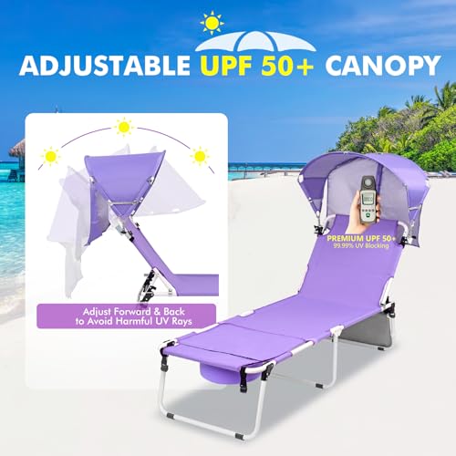 Wheel-To-Go Oversized Tanning Chair with Face Hole & Wheels | Portable Heavy Duty Folding Lounge Chair | Outside Sunbathing Reading Relaxing Beach Poolside Lawn | XL Wide | 330 LBS (Patent Design) - color: Purple, style: Oversized + Sun Canopy Style