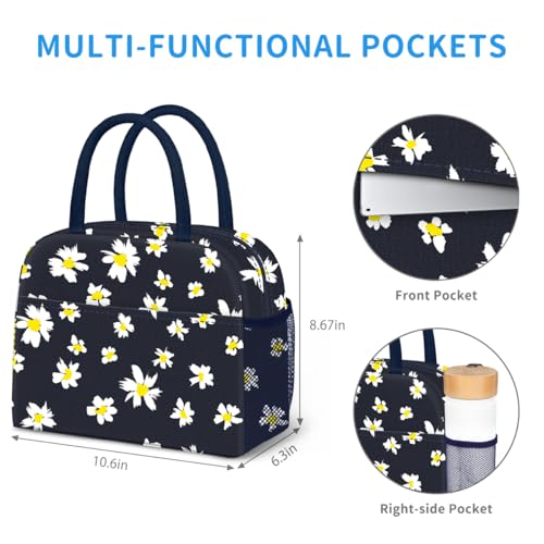 DALINDA Lunch Bag Lunch Box for Women Men Reusable Insulated Cooler Lunch Tote Bags, Leakproof Cute LunchBag Large Capacity for Work Travel Picnic, Daisy - color: Navy Daisy, size: Oxford cloth