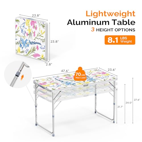VINGLI 4FT White Folding Table with Carrying Handle Height Adjustable Lightweight Fold Up Portable for Indoor Outdoor Picnic,Camping,Hiking,Fishing,BBQ … - color: Flower, size: 4ft