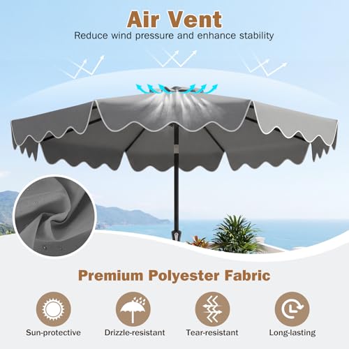 Tangkula 9 FT Patio Umbrella with Base Included, 2-Tiers Outdoor Scalloped Table Umbrella with 2 Sandbags, Tilt Adjustment, Crank, 8 Ribs for Market Backyard Pool Deck Beach Lawn - color: Gray, size: 9 FT