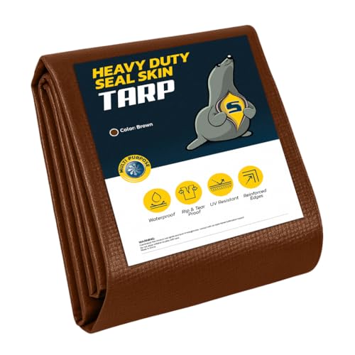 Seal Skin Covers Heavy Duty Waterproof Tarp 20x30 FT, 16 Mil 8 OZ 160 GSM Thick Brown Poly Tarp with Rustproof Grommets, Tear-Proof Cover with Reinforced Edges for Camping, Pool, Canopy Use - color: Brown, size: 20' X 30'