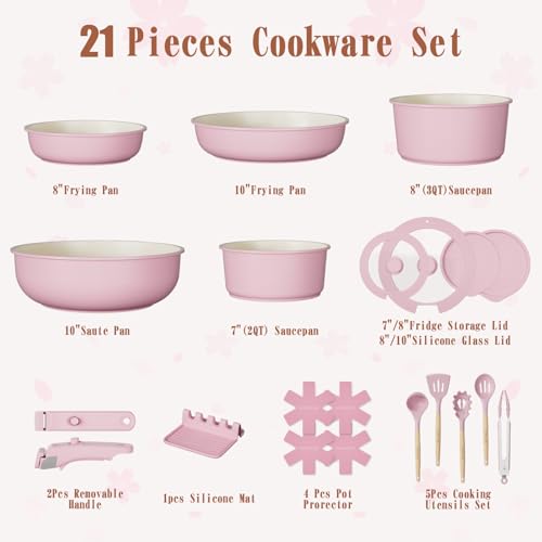 Umite Chef Pots and Pans Set Non Stick, 21 pcs Nonstick Ceramic Cookware Set, RV Kitchen Cooking Set with Detachable Handles, Oven Safe, Induction Cookware, Stackable, Pink, PFAS PFOA & PTFE Free - color: Pink