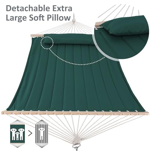 SUNCREAT 2 Person Hammocks for Outside with Stand, Extra Large Double Hammock with Wooden Stand, Dark Green - color: 02-dark Green