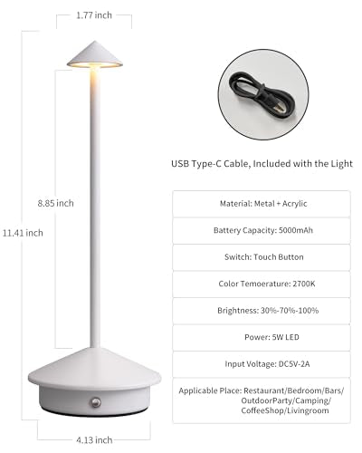 Modern Cordless Table Lamp Set of 2, Portable LED Desk Lamps, 5000mAh Rechargeable Battery Operated Lighting for Bedroom Dining Room Restaurant Coffee Shop Camping Night Light (White) - color: White (2 Pack)