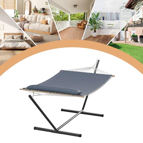 Double Hammock with Stand, Heavy Duty 475 lbs 2-Person Cotton Rope Hammock with Reversible Quilted Pad & Hardwood Spreader Bars, Portable Easy Assembly for Outdoor & Indoor Use, Gray
