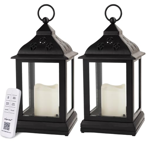 2-Pack 9.5" Vintage Decorative Candle Lantern with LED Flickering Flameless Candle (Black, 6-Key Remote) - Indoor Hanging Lanterns Decorative Lanterns Battery Powered LED Candle & Remote - color: [2-pack] Black - 6-key Remote Included