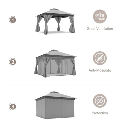 LAUSAINT HOME 12'x12' Outdoor Patio Gazebo with 100FT String Lights, Heavy Duty Party Tent & Shelter with Double Roofs, Mosquito Nettings and Privacy Screens for Backyard, Garden, Deck (Grey) - color: Gray, size: 12'x12' with lights