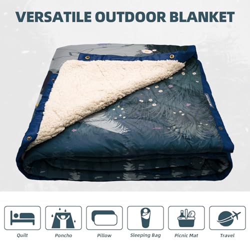 Outdoor Camping Blanket with Sherpa Lining, Extra Warm Thick Camp Blankets and Puffy Ultralight Soft Poncho DWR Camping Quilt for Cold Weather, Adventure, Sleeping, Backpacking 78"x 56" - color: Ridge Exploration, size: 78 x 56 inches