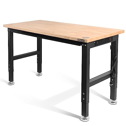 WORKPRO 48" Adjustable Workbench, Rubber Wood Top Heavy-Duty Workstation, 2000 LBS Load Capacity Hardwood Worktable with Power Outlets, for Workshop, Garage - size: 4FT workbench