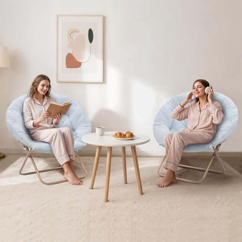 MoNiBloom Round Folding Faux Fur Saucer Chair for Bedroom Living Room Dorm Foldable Metal Frame Oversized Large Comfy Furry Padded Soft Lounge Lazy Cozy Moon Chair for Adults (Blue, 2 Pieces) - color: Blue
