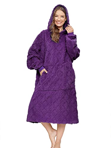 Oversized Sherpa Wearable Blanket Hoodie for Women Men,Long Comfortable Sherpa Blanket Sweatshirt Shaggy Pullover Plush Warm Cozy Blanket One Size Fits All Purple - color: Jacquard Purple