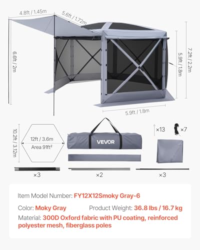 VEVOR Pop up Gazebo Screen Tent, 12 x 12 ft Large 6-Sided Camping Canopy Tent with Removable Top & Carry Bag, Quick-Set & Bite-Proof, Screen House Sun Shelter for 8-10 Persons Backyard Patio, Grey - color: Gray, size: 12 x 12ft