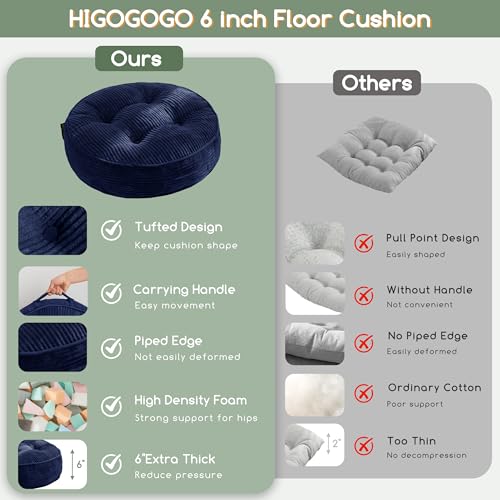 HIGOGOGO 6" Extra Thick Floor Pillow Cushion for Adults, Meditation Cushion Pillow, Large Round Floor Sitting, Tufted Corduroy Cover, for Tatami Living Room or Yoga, 22x22 Inch, Navy - color: Round Navy, size: 6" Thick(Pack of 1)