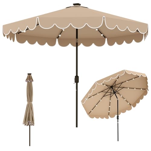 Tangkula 10FT Solar LED Patio Umbrella, 2-Tiers Scalloped Outdoor Table Market Umbrella with 24 LED Lights, Vented Top, Tilt Adjustment, Crank, 8 Ribs for Backyard Poolside Deck Beach Lawn (Coffee) - color: Coffee, size: 10Ft
