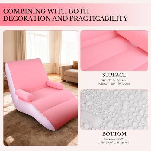 Inflatable Indoor Living Room Chair Lounge with Handrails, Inflatable Foldable Deck Chair with Air Pump, Outdoor Travel Camping Picnic Beach Chaise Lounges(Pink) - color: Pink