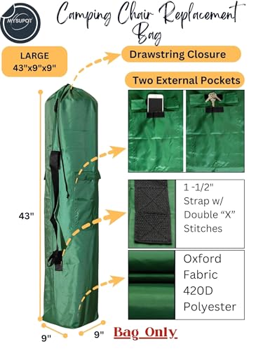 Replacement Bag for Folding Camping Chair, Portable Camp Chair, Hammock, Yoga Mat, Umbrella, Tents, Tripods, Fishing Poles - 420D Oxford Polyester Fabric - color: Green, size: Large 43"x9"x9"