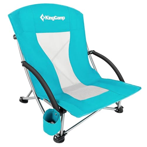 KingCamp Low Beach Chair, High Back Folding Camping Chair for Adults, Oversized Breathable Mesh Seat, 300lbs Heavy Duty Portable Chair with Cup Holder & Storage Pockets for Beach, Outdoor - color: Ergobreeze C Cyan