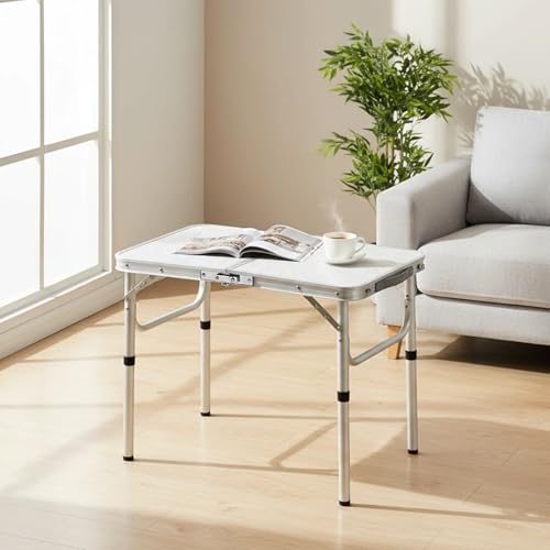 YUFIFAIRY Small Folding Camping Table, 2ft Portable Table with 3 Adjustable Heights, Aluminum Lightweight Foldable Picnic Table with Mesh Layer and Extension Legs for RV, BBQ and Indoor (Silver) - color: Silver
