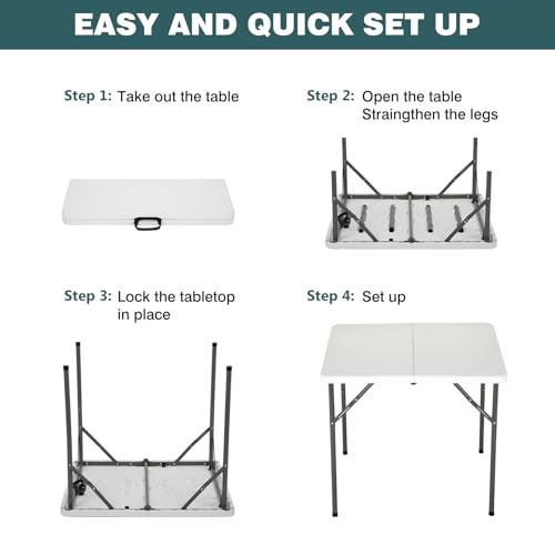 FDW 34" Square Outdoor Dining Table, Foldable Portable Plastic Folding Card Table with Built in Carrying Handle and Height Adjustable for Party and Wedding Use, White - color: White, size: 34"