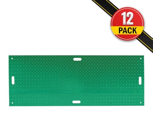 Mytee Products 12 Pack 3' x 8' Green Ground Protection Mats w/Double Sided Diamond Plated Tread Design & 22 Pcs Single Connectors - Polyethylene Mat, Easily Supports 90 Ton Loads on Lawns, Dirt - color: Green, size: 12 - Pack