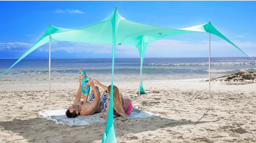 SUN NINJA Beach Tent Sun Shelter UPF50+ - Easy Pop Up Beach Canopy - Outdoor Shade for Camping Trips, Fishing, Backyard Fun Picnics - Sand Shovel, Ground Pegs & Stability Poles - color: Green, size: 7x7.5 FT 4 Pole