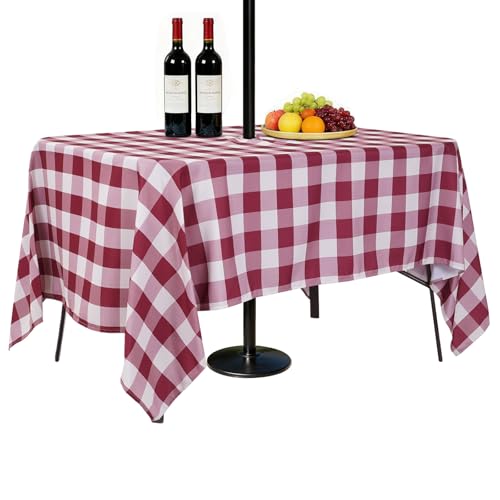 SquarePie Rectangle Outdoor Tablecloth with Umbrella Hole and Zipper Checked Waterproof Spillproof Table Linen Cloth for Spring Summer Picnic Patio Garden,60 X 84 Inch Burgundy Red Gingham - color: Burgundy Red Plaid, size: 84" x 60" (Rectangular)