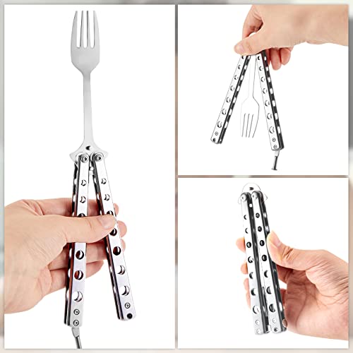 Flutesan 2 Pcs Butterfly Fork and Spoon Set, Tactical Butterfly Spoon Folding Stainless Steel Spork Utensil Set Balisong Trainer for Travel Camping Hunting BBQ Kitchen(Silver) - color: Silver