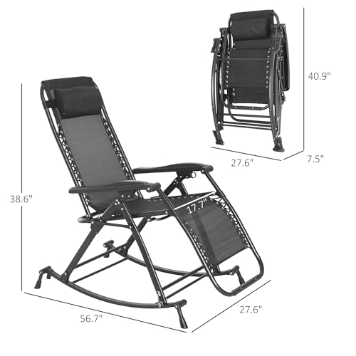 Outsunny Outdoor Rocking Chairs, Foldable Reclining Zero Gravity Lounge Rocker with Pillow, Cup & Phone Holder, Combo Design with Folding Legs, Gray - color: Grey, size: 1 Pack