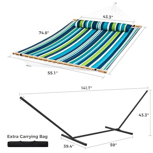 SUPERJARE Hammock with Stand, 2 Person Quilted Outdoor Hammock, Detachable Pillow & Bamboo Spreaders, Portable Hammock with Carrying Bag, Heavy Duty Stand, Perfect for Outside, Patio, Dark Cyan - color: Dark Cyan, size: 55.1"W × 74.8''D × 43.3''H