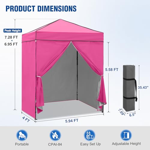 6x4 Pop Up Canopy Tent with Four Wall Panels, Instant Portable Beach Canopy, Outdoor Tent with Carry Bag for Camping, Sports, Tailgating, Events, Pink - color: Pink, size: With Four Walls