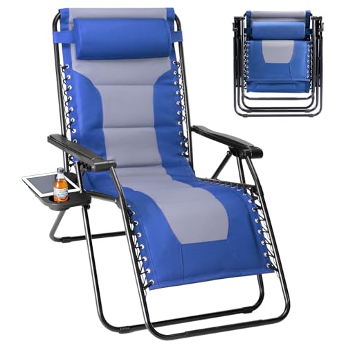 Sweetcrispy Zero Gravity Chairs, Foldable Patio Reclining Chairs with Adjustable Pillow & Cup Holder, Oversized Portable Support 400 lbs, for Backyard Camping(Blue-Gray) - color: Padded Blue-gray