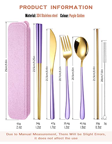 AARAINBOW 6 Pieces 18/8 Stainless Steel Flatware Set Portable Reusable Cutlery Set Travel Utensils Set Including Chopsticks Knife Fork Spoon Straws Cleaning Brush Dishwasher Safe (Purple golden) - color: Purple golden