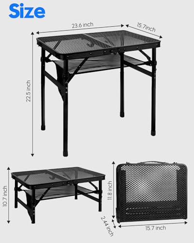 MSDADA Folding Grill Table, Height Adjustable Aluminum Table with Mesh Desktop and Mesh Bag, Portable Grill Table for Outdoor Camping, Picnic, Patio, Dining, BBQ, Party, Black, 23.6×15.7 inch