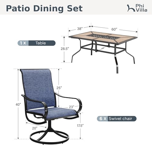 PHI VILLA 7 Piece Patio Dining Set, 6 Swivel Patio Chairs with Textilene Mesh Fabric & Rectangular Wooden-Like Dining Table(1.6" Umbrella Hole), All Weather Patio Chairs and Table Set for Deck (Blue) - color: Blue Fabric, size: 61"L x 38"W x 28"H-7 Piece-