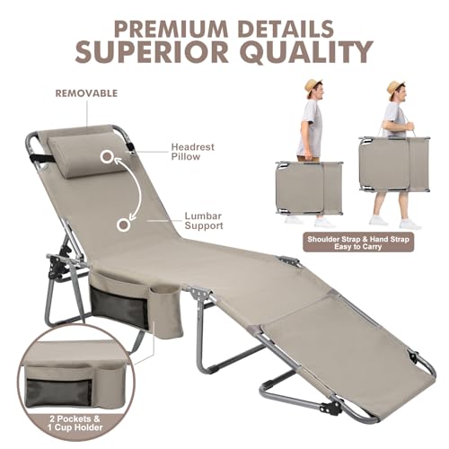 Tanning Chair with Sun Canopy Face Hole Softer Padded Adjustable Washable, Heavy Duty Layout Folding Lounge Chair for Adults Outside Beach Reading Sunbathing Poolside Lawn, UPF 50+ Sun Shade, 300 LBS - color: Beige, size: Standard Size