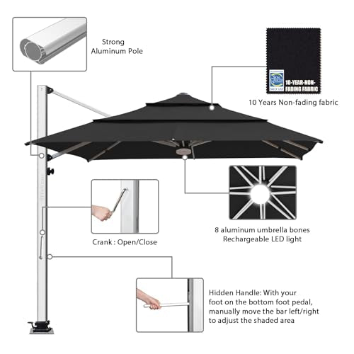 EliteShade USA APOLLO 3-Tier 10x10FT Full Aluminum Cantilever Patio Umbrella for Outdoor restaurant Garden Courtyard Deck Pool and Marketing with Light,Black - color: Black, style: 10FT Apollo