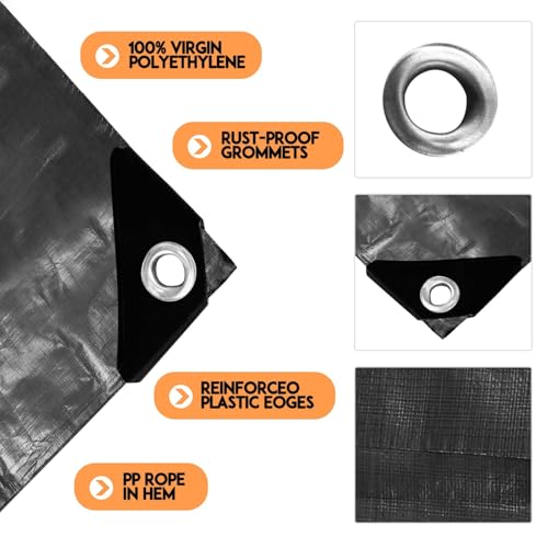 Tarp Heay Duty Waterproof 10x10ft,Black Tarp Cover Plastic Poly Tarpaulin for Outdoor Cover,Emergency Rain,Roof, Pool, Boat,Camping - Multipurpose with 12Mil Thickness - color: Black-12mil, size: 10x10