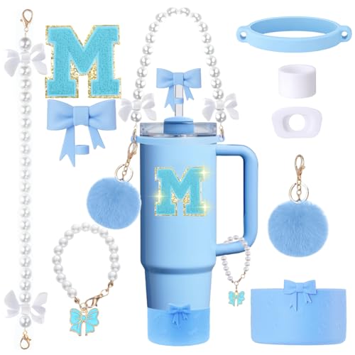 9pcs Stanley Cup Accessories Set- for 30oz 40oz Tumblers with Handle - Bule Kit Includes Bow Straw Topper and Boot, Charm, Pearl Handle Strap & Stickers - Aesthetic Girl Gifts (M) - color: M