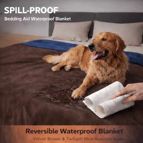 Queen Size Waterproof Blanket – Stain-Proof, Spill-Proof Flannel Blanket for Bed, Couch, Kids & Pets Protection, Reversible Splash-Proof Design (Velvet Brown & Twilight Blue, 80x90) - color: Velvet Brown & Twilight Blue, size: Queen