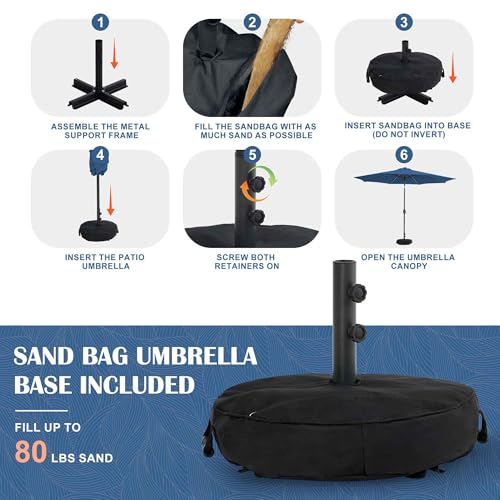 Sundale Outdoor Olefin 5-Year-Non-Fading Solar 104 LED 11FT Solar Patio Umbrella with Sand Bag Base, Outdoor Umbrella with Tilt and Crank, Navy - color: Navy Blue, size: 11FT