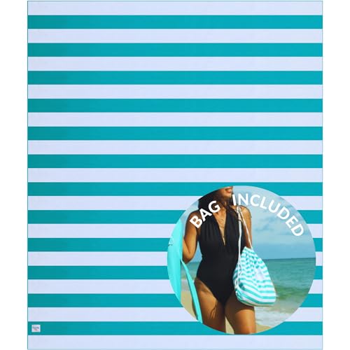 Plush Microfiber Beach Blanket, Extra Large Beach Mat for 3-6 Persons, Sandproof, Windproof | Hole for Umbrella, Corner Sand Pockets to Fight Wind (Bag for Blanket Included) - color: Teal & Stripes, size: X-Large