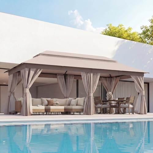 LAUSAINT HOME Gazebo 10x20ft, Heavy Duty Patio Gazebo with Expansion Bolts, Party Canopy Tent with Double Roofs, Mosquito Nettings and Privacy Screens for Backyard, Garden, Lawn, Khaki - color: Khaki, size: 10'x20'