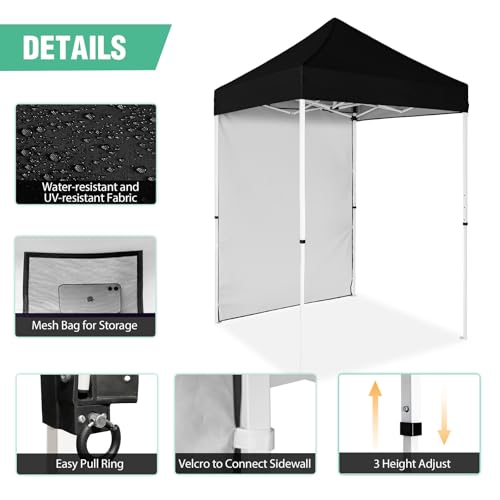 5x5 Pop Up Canopy Tent with One Sidewall, Instant Portable Beach Canopy, Outdoor Tent with Carry Bag for Camping, Sports, Tailgating, Events, Black - color: Black, size: With One Wall