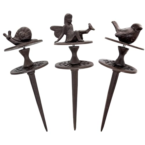 3 Pack Garden Hose Guide Spike, Decorative Hose Guide Support Stakes Antique Heavy Cast Iron Plant Saver Tools for Farm Garden Lawn Yard(Bird Angel Snail)