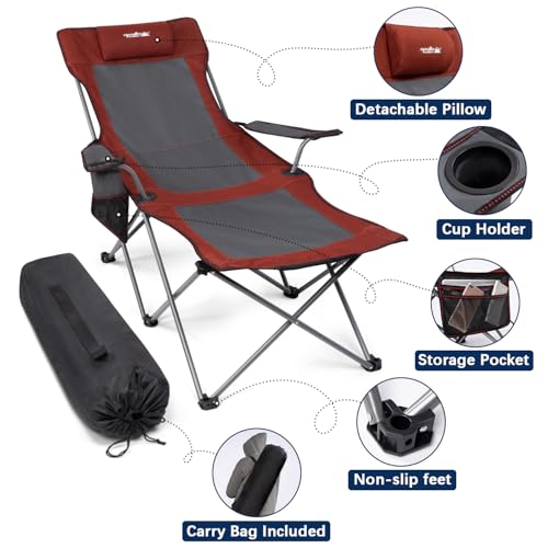 apollo walker Reclining Beach Chair, Adjustable 90-135° Backrest Camping Lounge Chairs for Adults, Folding Chair with Foot Rest & Detachable Pillow - Standard 6-Leg, Red - color: Red, style: 6-Leg